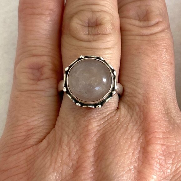 Sterling Silver 925 Round Bezel Set Rose Quartz Cabochon Band Ring Size 6 - Picture 2 of 16